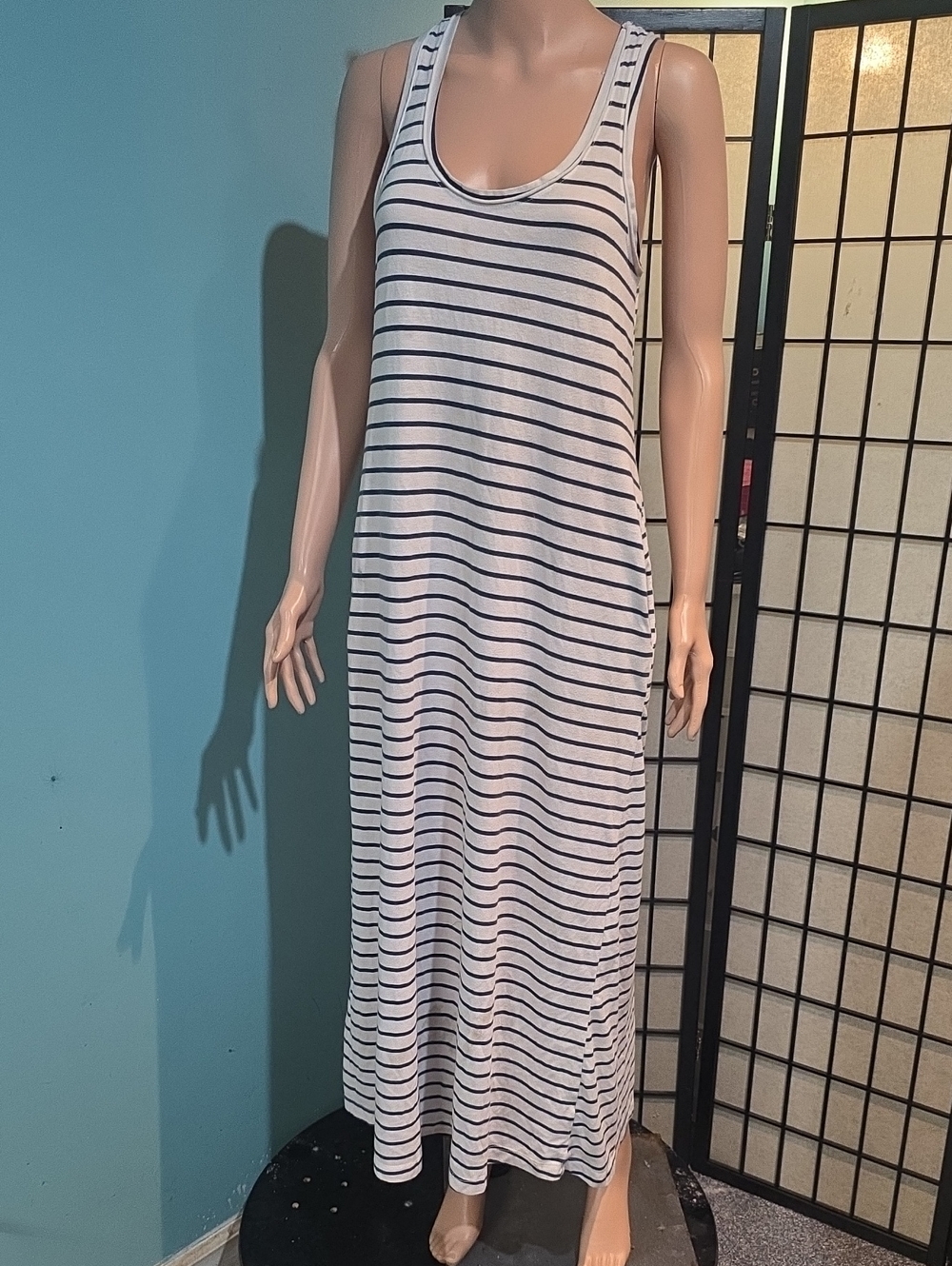 DKNY White Maxi Dress with Navy Stripes